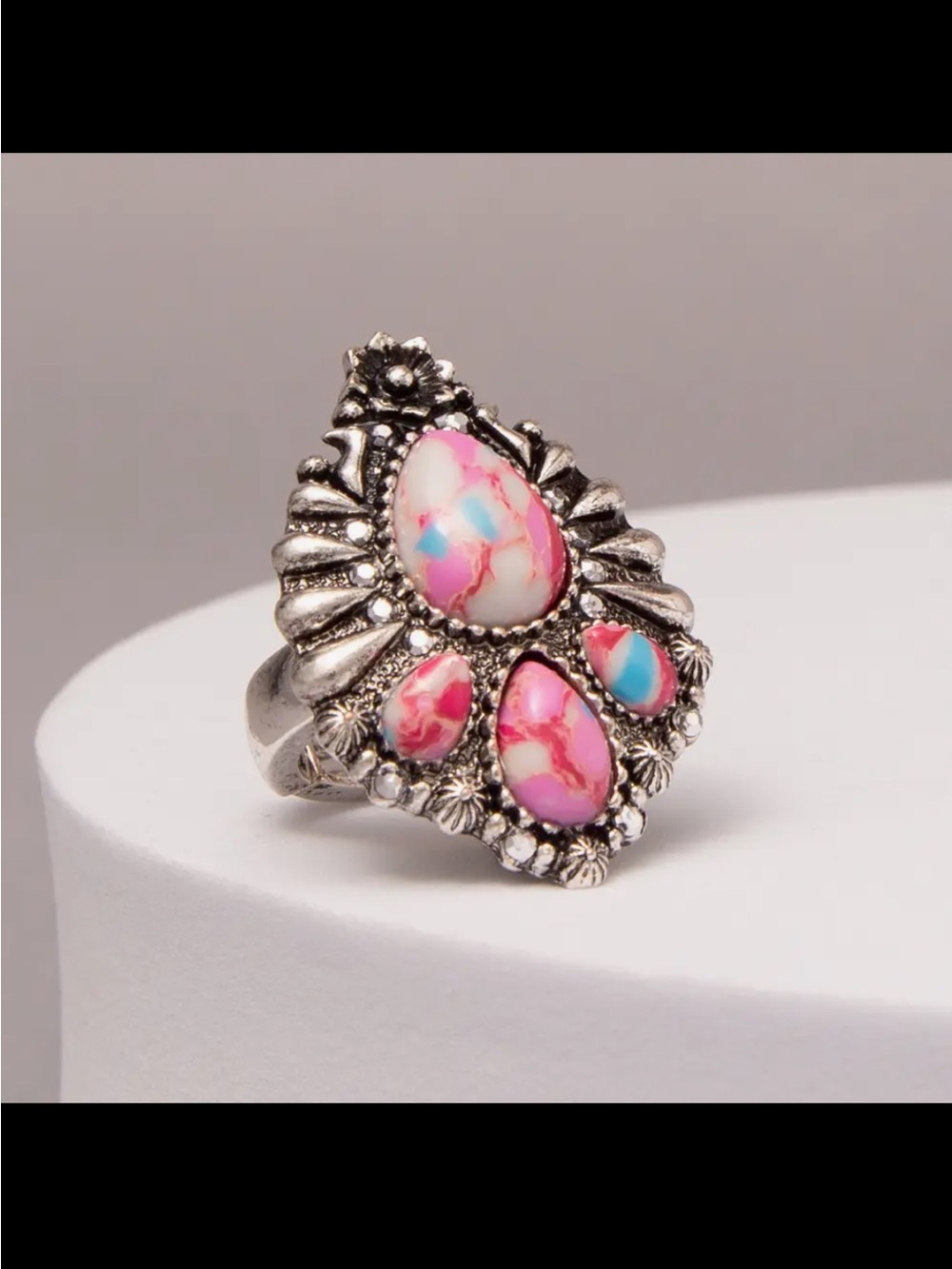 Silver-Tone Pink Multi-Stone Statement Ring